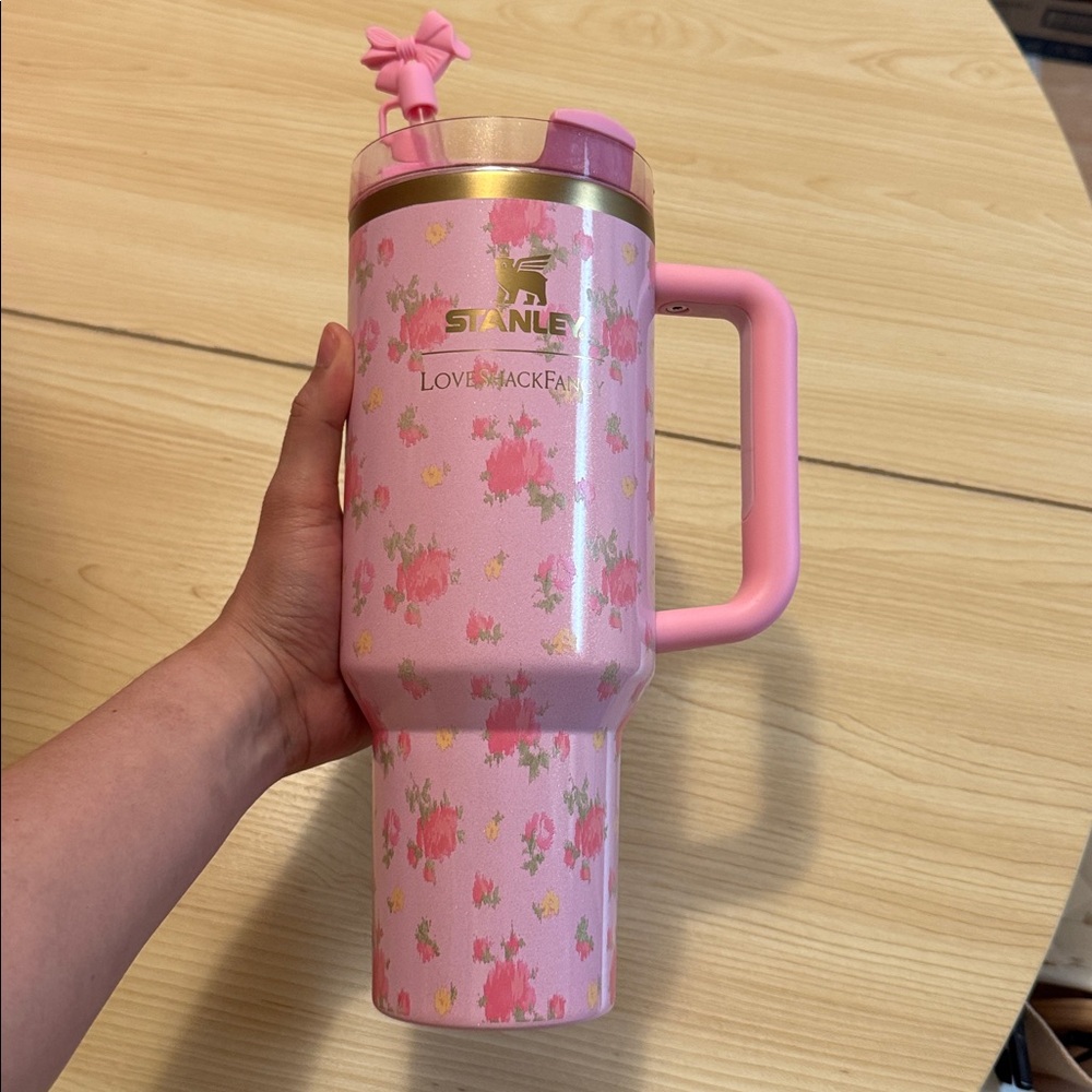 Stanley Pink Floral Travel Mug with Handle and Gold Accent